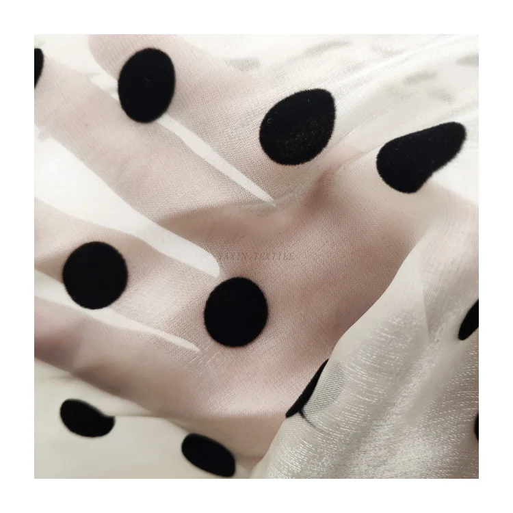 Guangzhou Manufacturer Wholesale Price White 100 Polyester Flocked Black Polka Dot Organza Fabric - 图片 4