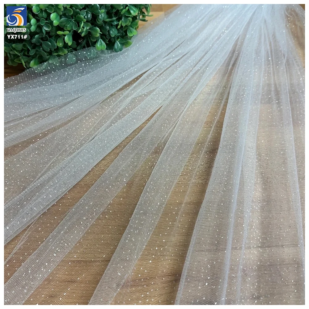 YX711 Pure White 40gsm Polyester Knitted Bridal Tulle Fabric Clear Sequins Glitter Mesh Fabric Soft Sparkle Glitter Effect - 图片 5