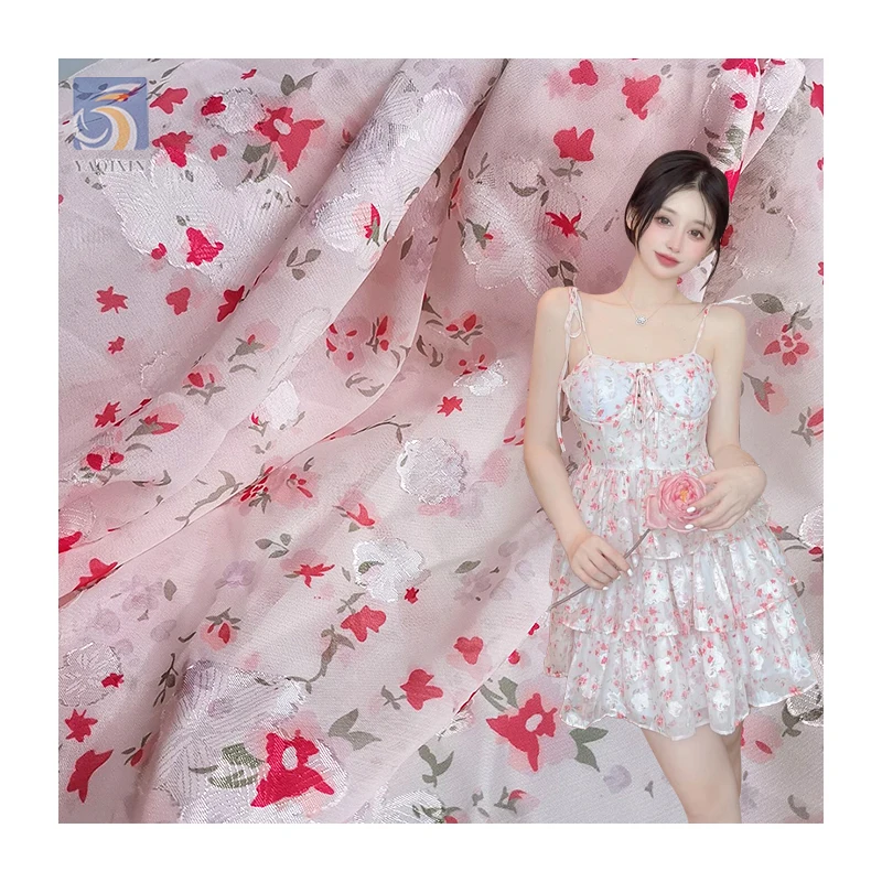 Soft Silky Polyester Chiffon Digital Printed Fabric New Arrival Red Jacquard Floral Fashion Print Skirt Chiffon Fabric