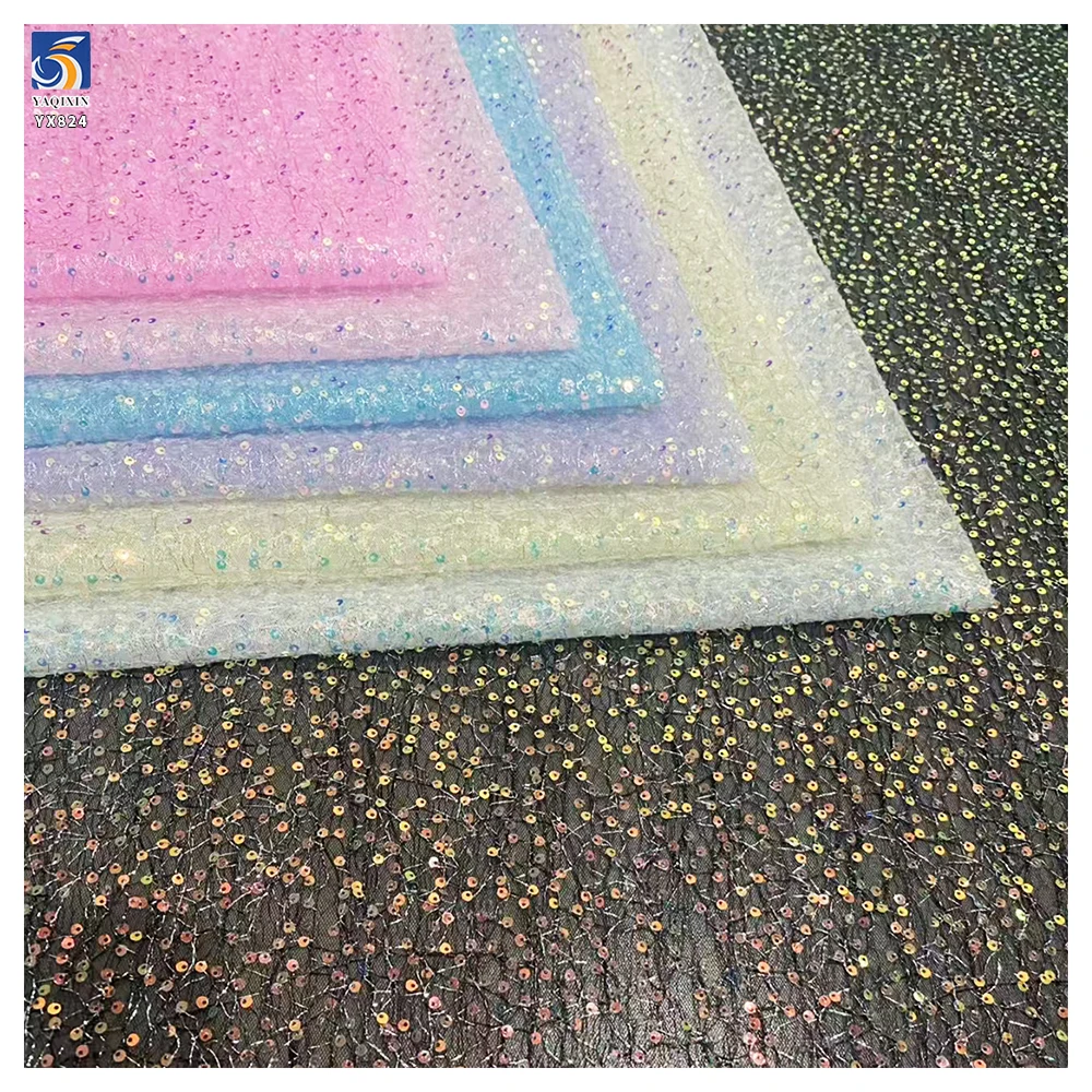 YX824 New Summer Design Silver Thread Double Layer Mesh 6mm Transparent Embroidered Sequins Fabric for Wedding Dress - 图片 4