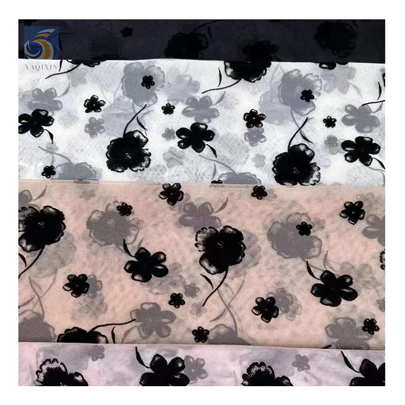 Valentine's Day Design New Arrival Sheer Organza Fabric with Black Flocked Floral Pattern Organza for Ladies - 图片 5