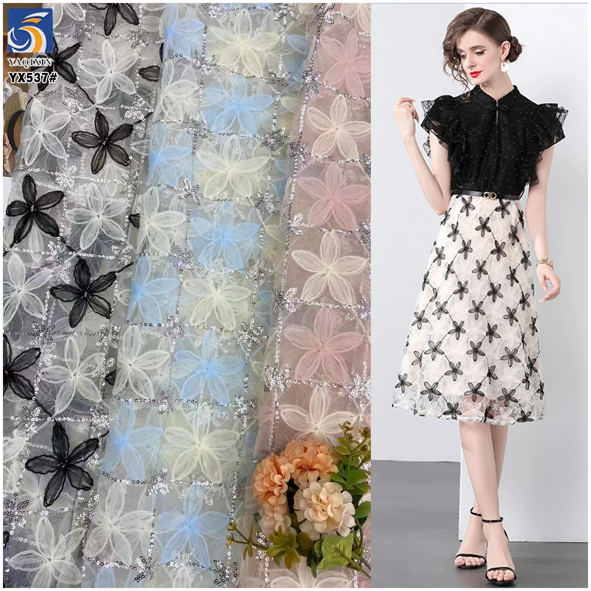 YX537 2025 Most Popular Overseas Embroidered Tulle Fabric Five-Petal Flower 3D Embroidery Tulle Fabric With Sequins