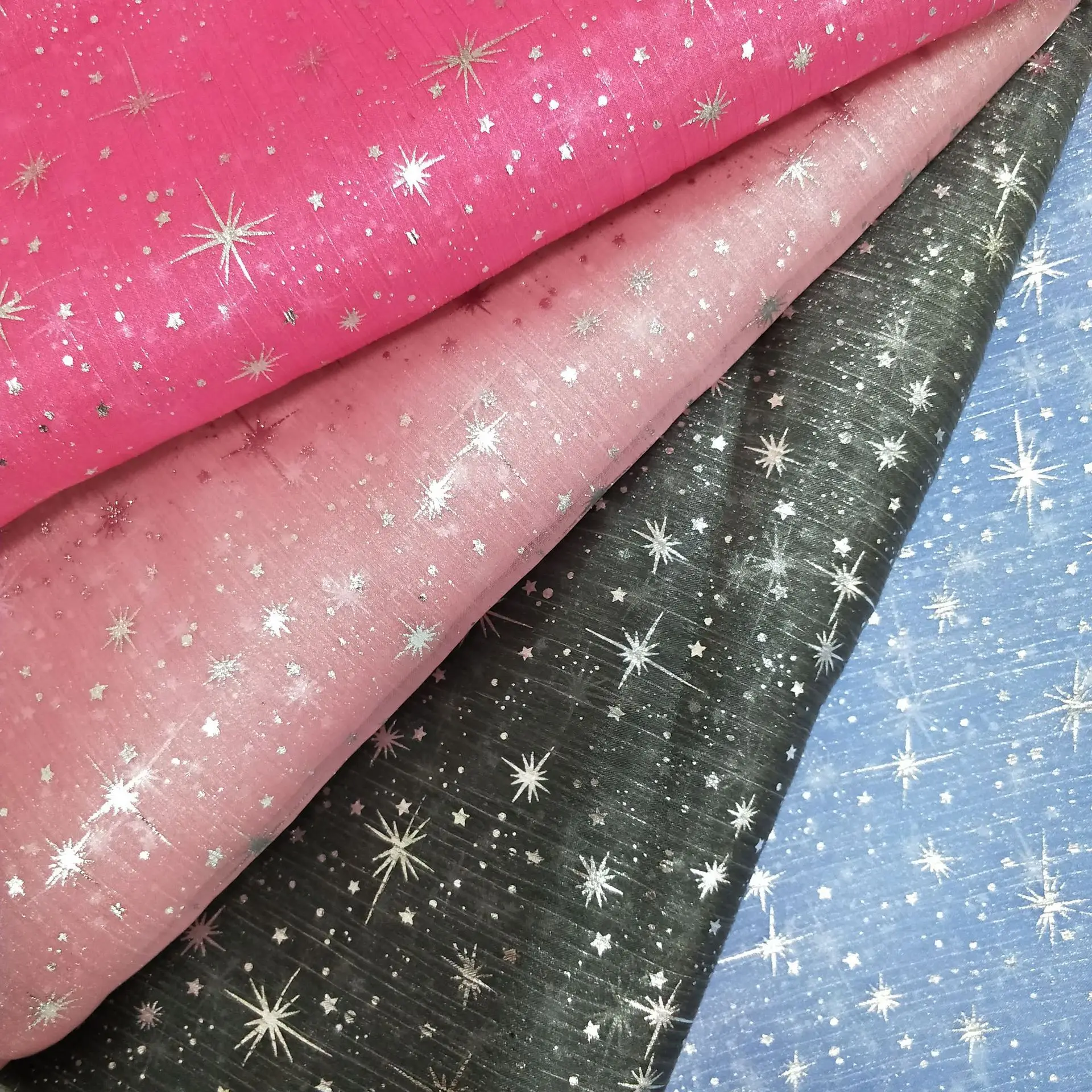 New Arrival Foil Printed Gold Meteor Star Organza Fabric Polyester Wrinkle Crepe Organza Printed Fabric - 图片 4