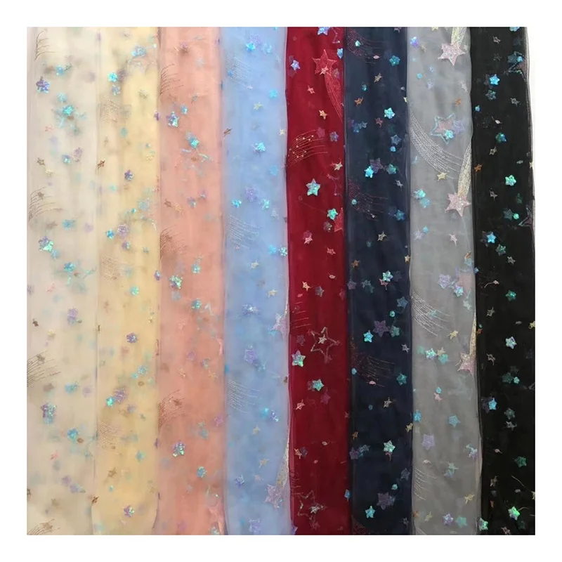 Colorful Five Star Sequin Embroidery Tulle Fabric Sparkly Diy Children's Clothing Embroidery Lace Fabric Baby Fabric - 图片 4
