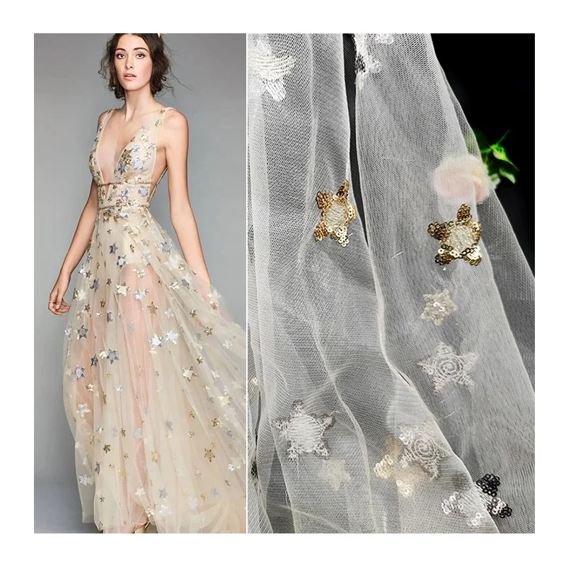 CP13 Beautiful Gold/Silver Sparkling Sequins Stars Tulle Lace Fabric for Prom/Wedding Gowns
