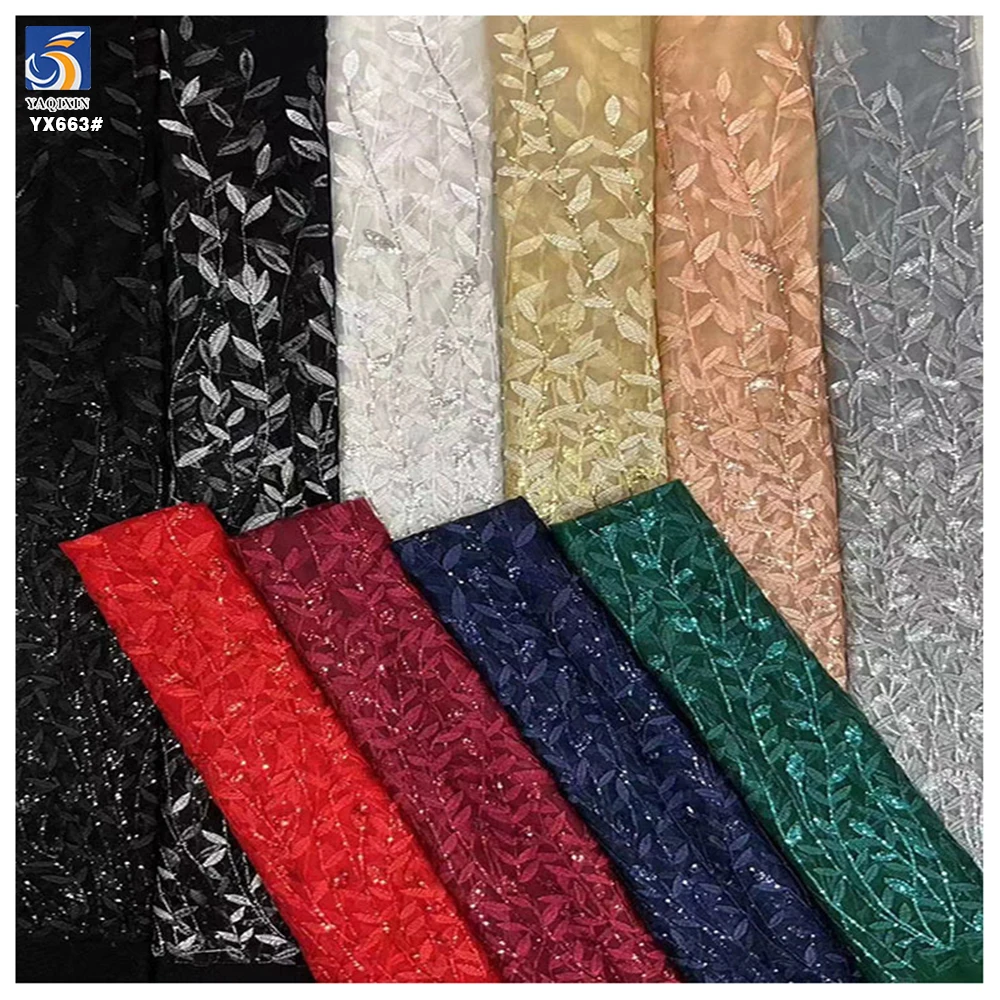 YX663 Vibrant Leaf Pattern Sequined Fabric Polyester Mesh Tulle Sequins Lace Fabric for Fashion and Evening Dress - 图片 3