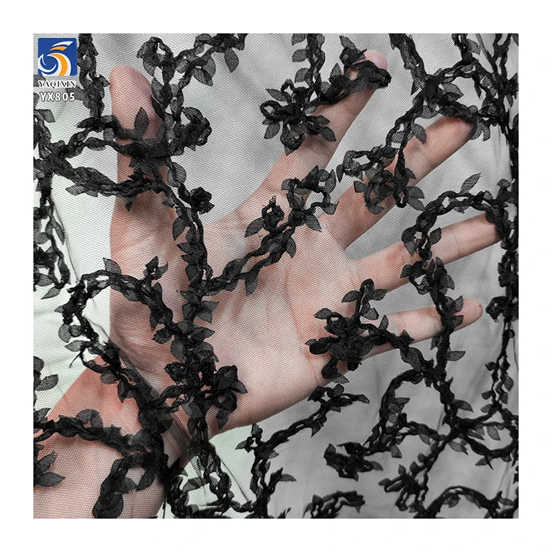 YX805 2025 New Arrivals 100 Polyester Knitted Swiss Mesh Milk Silk Lace Black Fabric Embroidery Floral Leaves Mesh Fabric - 图片 6