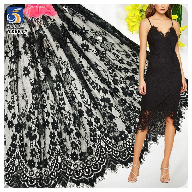 YX587 Sexy Style Black Floral Eyelash Lace Fabric 2025 100% Nylon Eyelash Lace Fabric for Skirt Tablecloth - 图片 2