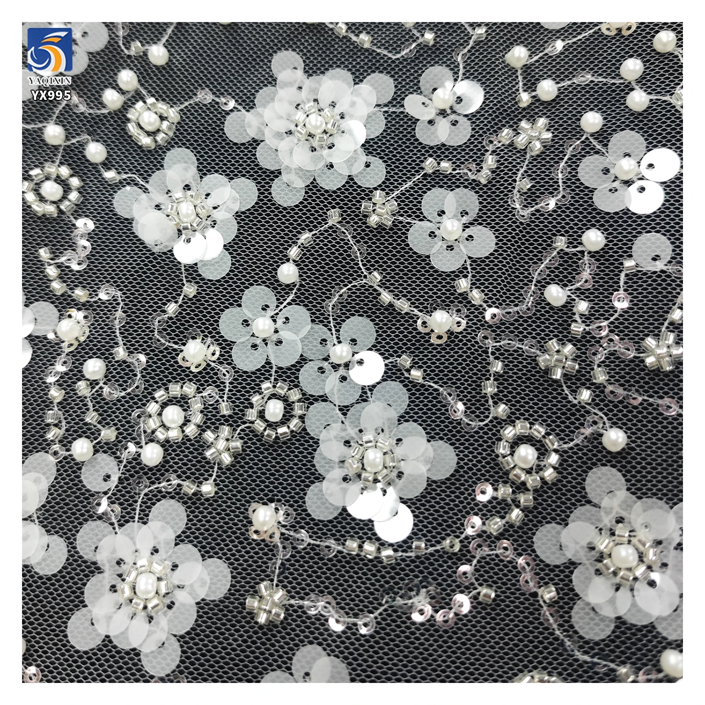YX995 Ceramic White Sequins Lace Fabric for French Wedding Heavy-duty High-quality Florals Sequin Embroidery Lace Fabric - 图片 6