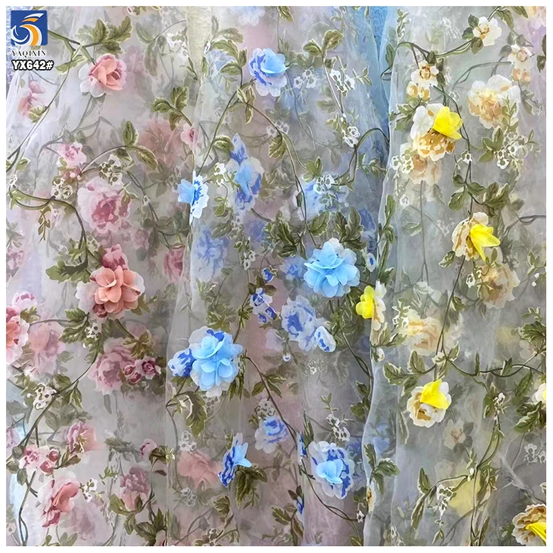 YX642 New Fashion Customized 3D Organza Fabric Flowers Embroidered Organza Fabric for Women's Long Skirt - 图片 6