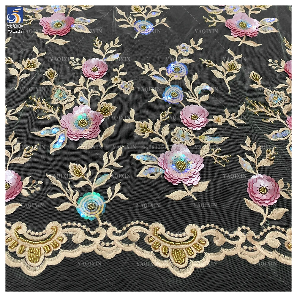 YX1223 Burgundy French Embroidered Lace Textile Fabric 3D Floral Embroidered Tulle Lace Fabric With Competitive Prices - 图片 4