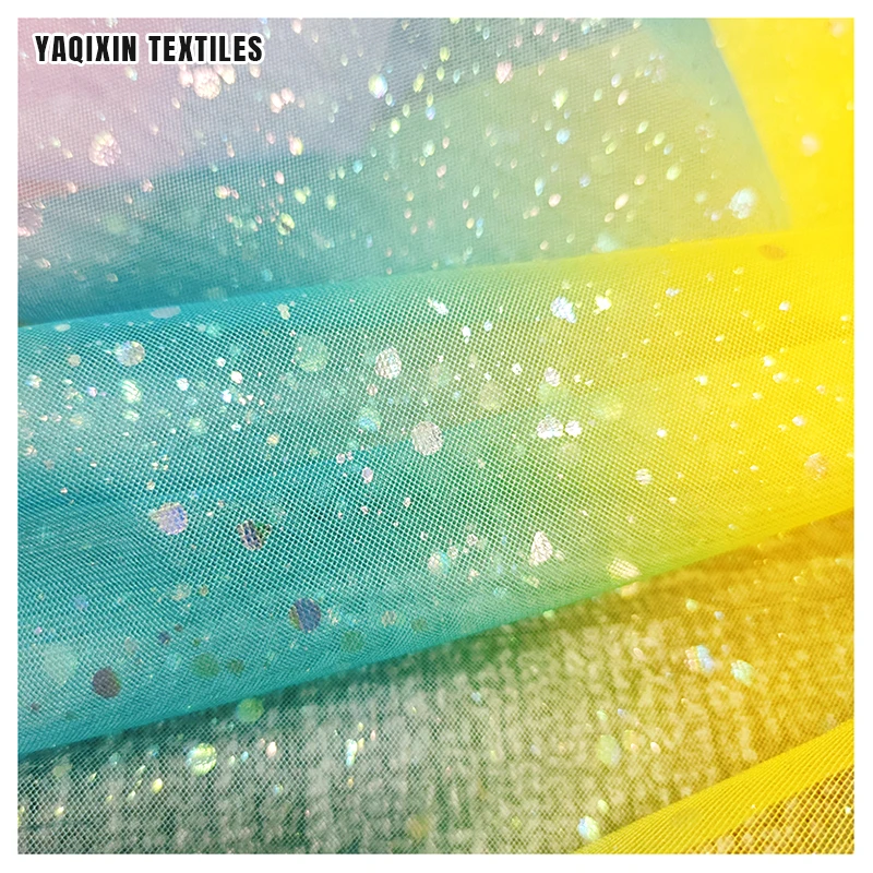 YY221125 High Quality Soft 100 Polyester Shiny Dot Tricot Knit Mesh Tulle Fabric with Print Rainbow Design - 图片 3
