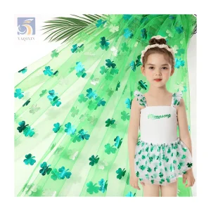 YX2713 Lucky Custom Polyester Green Clover Printed Tulle Fabric St. Patrick's Day Holiday Print Mesh Fabric
