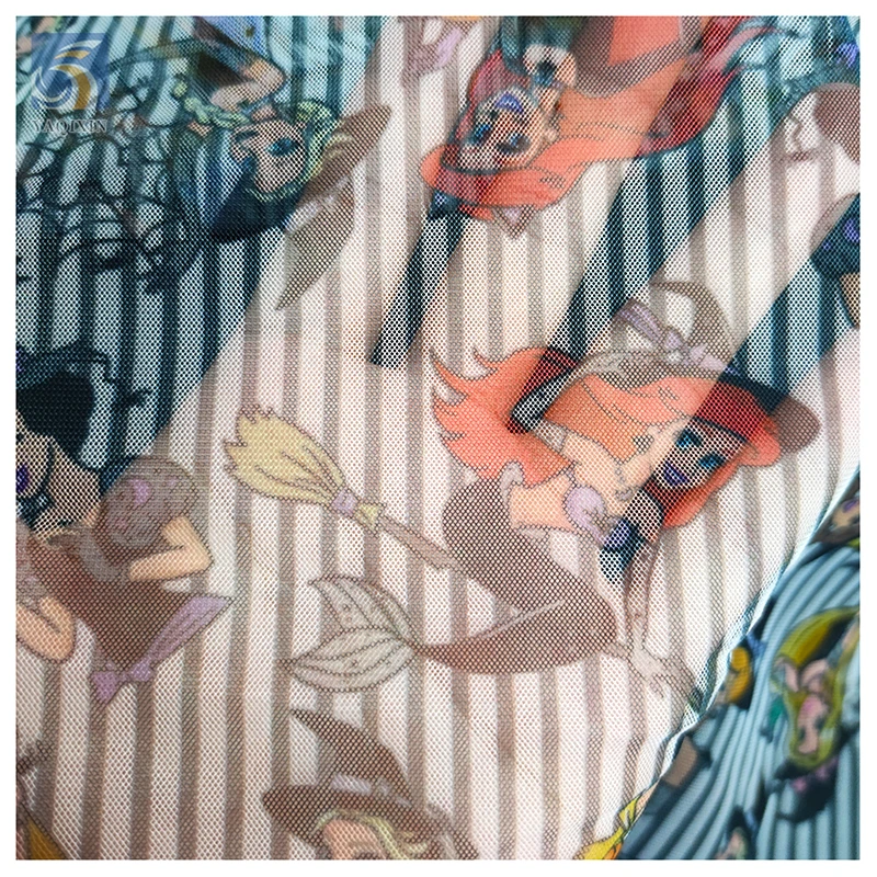 YX2342 Customized Snow White and Witch Pattern Digital Printed Fabric Tulle Halloween Cartoon Mesh Printing Polyester Fabric - 图片 4