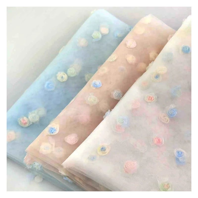 TDS005 Factory Wholesale 3D Small Rose Floral Embroidered Tulle Mesh Fabric Lace Kids Skirt Fabric - 图片 4