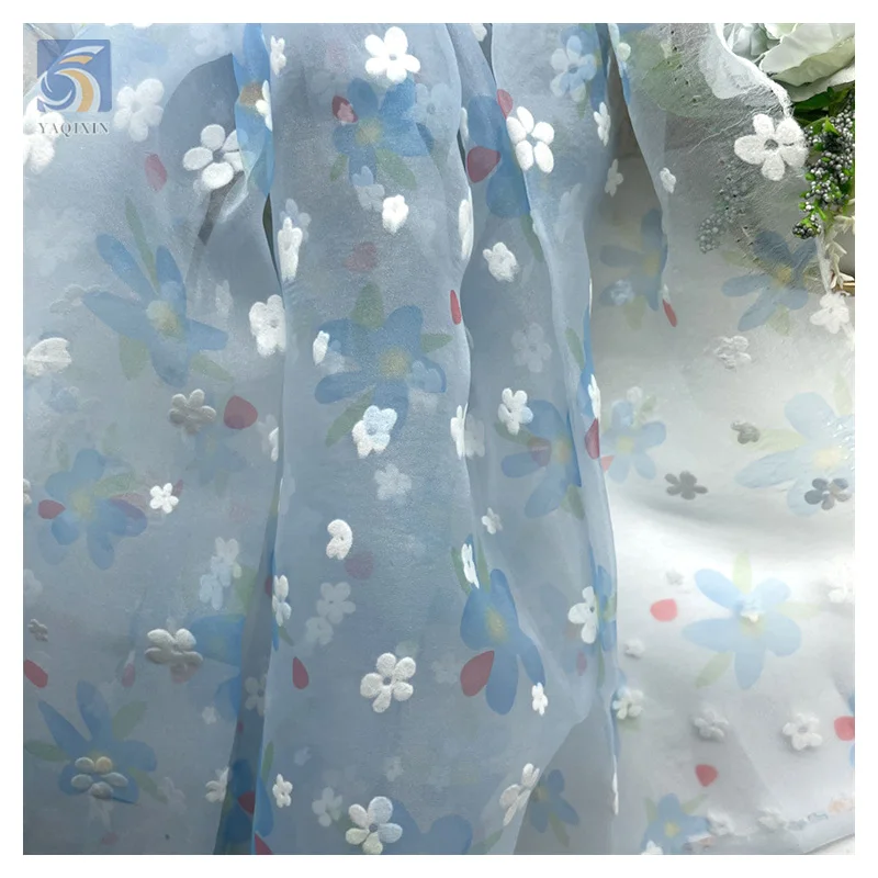 Stock Yards Soft 100% Nylon Organza Fabric Flocking Floral Flower Pattern Organza Fabric for Dress Christmas - 图片 6