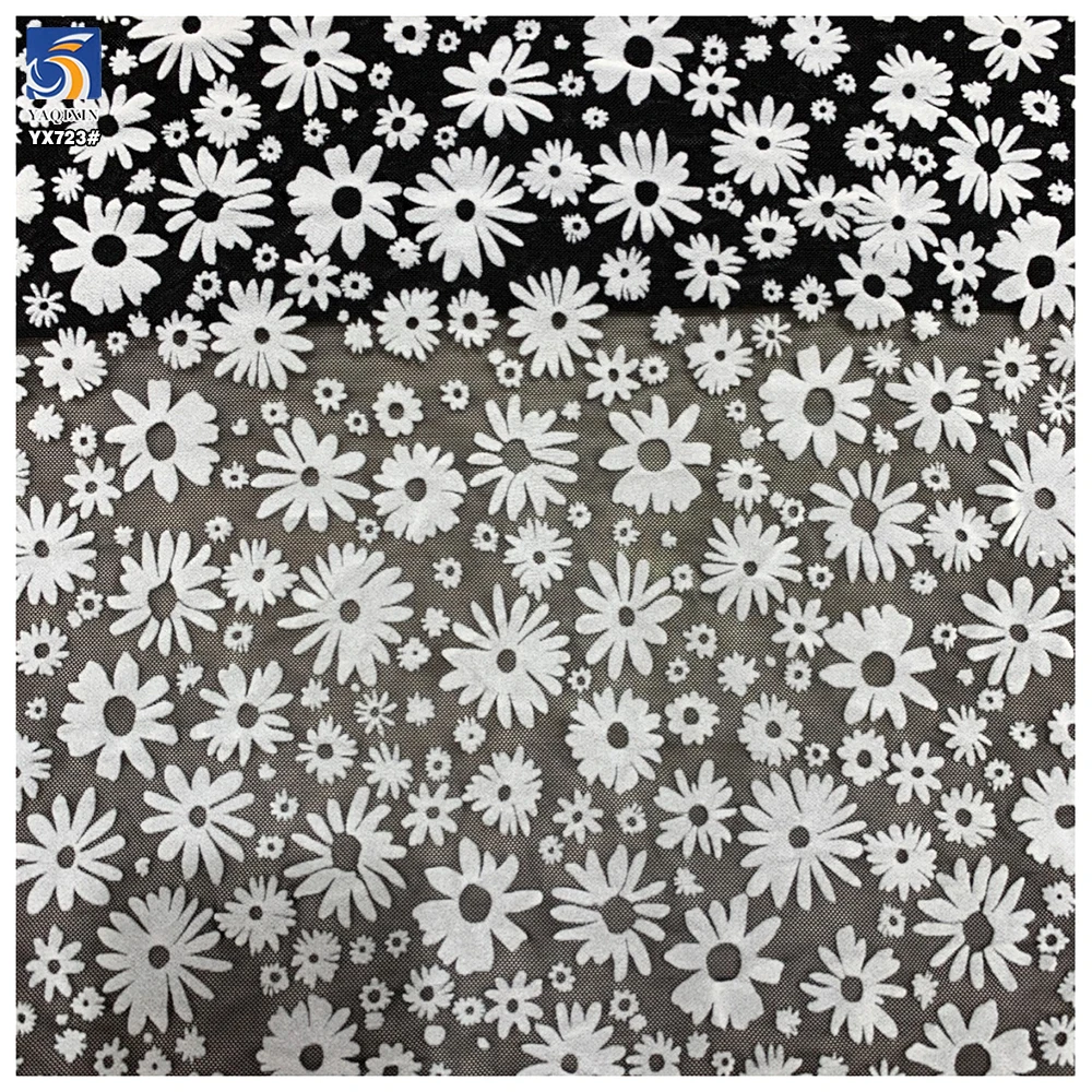 YX723 New Arrivals Elastic Mesh Flocking Fabric White Floral Design 92% Polyester 8% Spandex Stretch Flocked Mesh Fabric - 图片 3