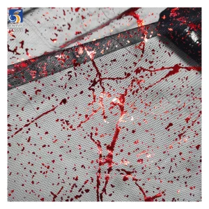 YX956 2026 New Arrivals 100% Polyester Spraying Red Ink Pattern Printing Black Tulle Mesh Fabrics for Holiday Event Dress