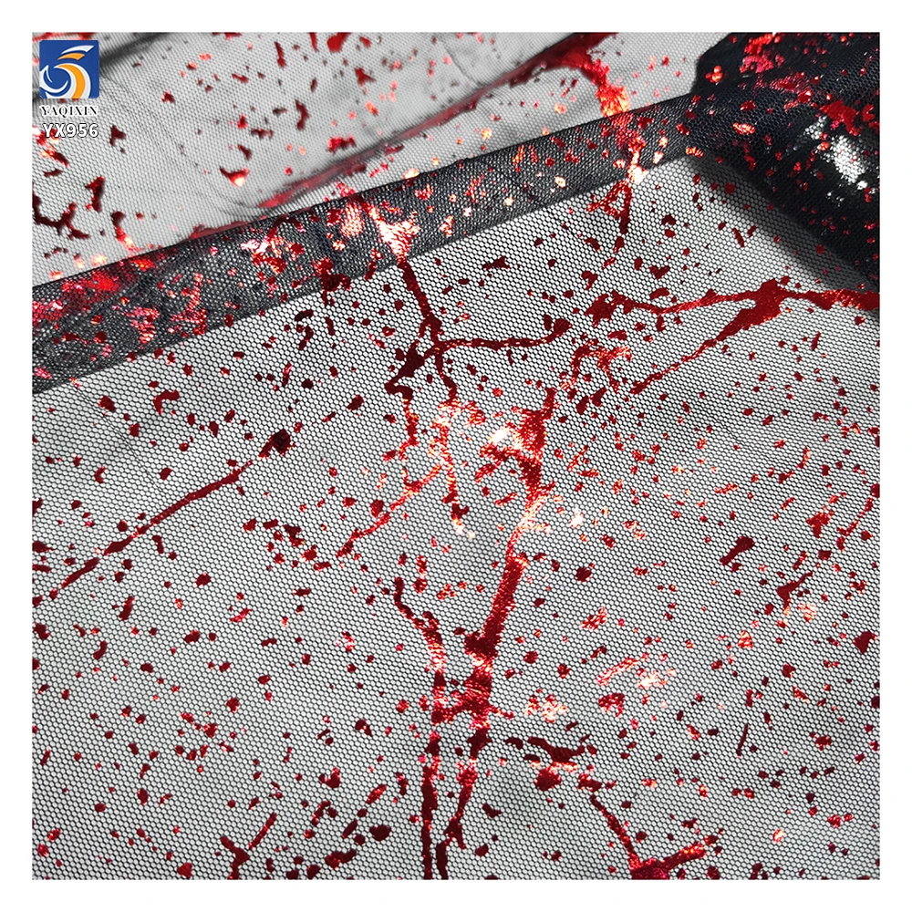 YX956 2026 New Arrivals 100% Polyester Spraying Red Ink Pattern Printing Black Tulle Mesh Fabrics for Holiday Event Dress