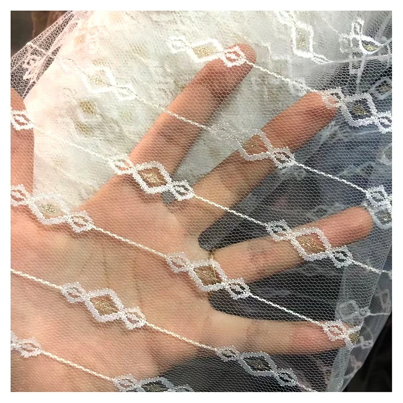100%Polyester/Nylon Gold Diamond Mesh Jacquard Tulle Net Fabric for Dress - 图片 3