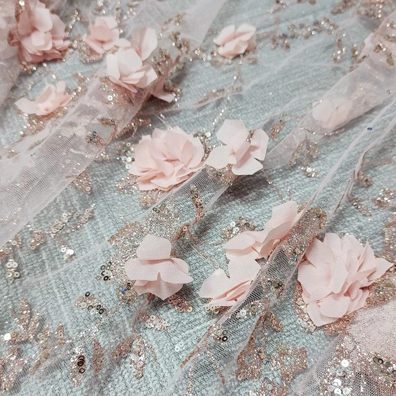 YX2135 Romantic Pink Australian Lace Fabric Bridal 3D Sequins Flower Embroidered Lace Fabric for Clothing Wedding - 图片 6