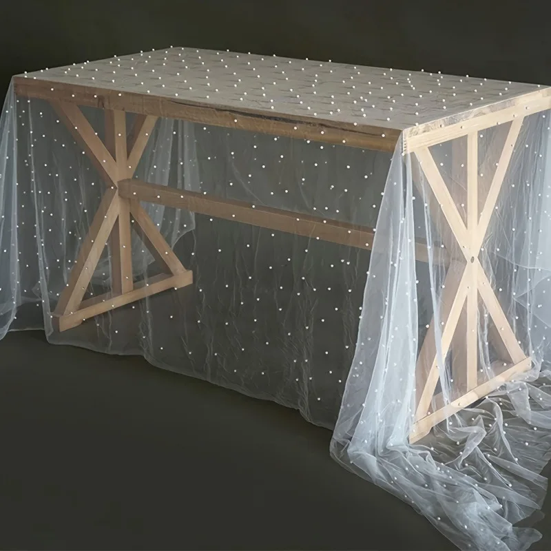 Pearl Tulle Decorative Table Runner Beaded Mesh Cake Dessert Tablecloth Solid Color Aesthetic Background Cloth Wholesale - 图片 4