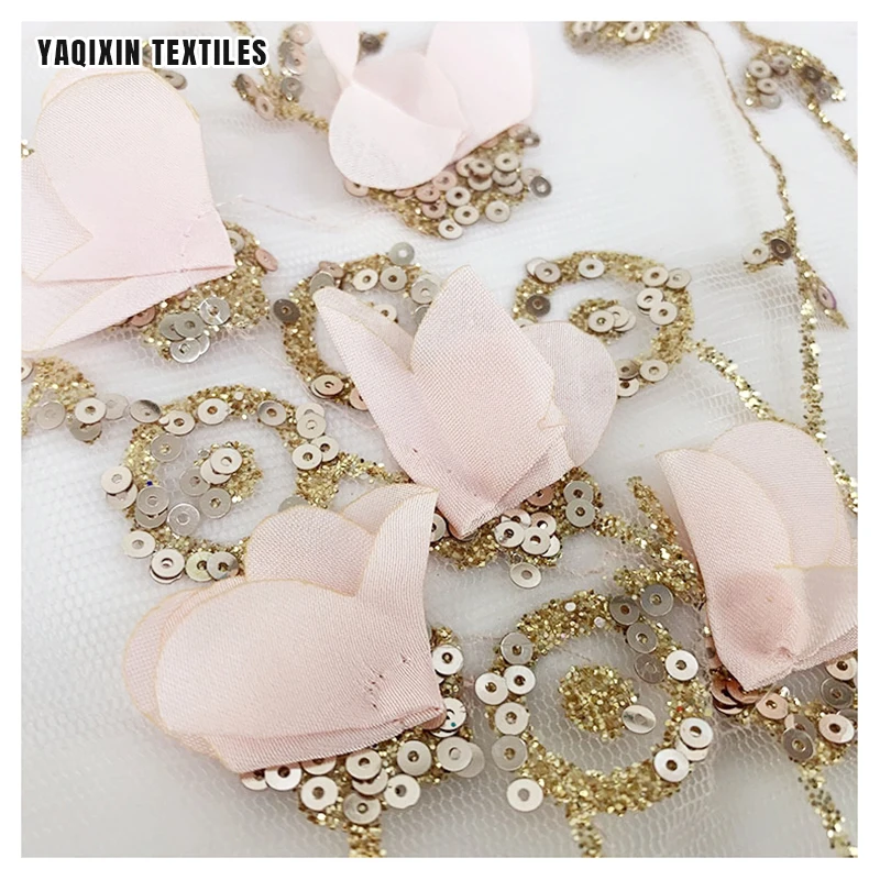 New Telas De Encaje De Flores 3D Pink Floral Glitter Lace Tulipanes Flowers Embroidered Tulle Lace Fabric for Quinceanera Dress - 图片 5