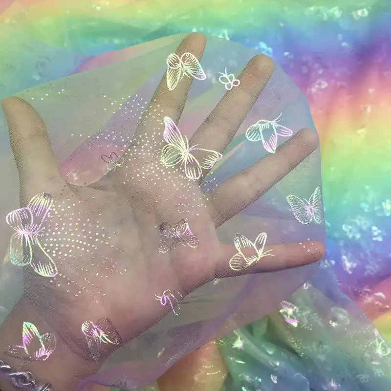 JJ22713-2 New Unique Design of New Shaded Holographic Butterfly Net Mesh Fabric for Women's Sun Protection Clothing Fabric - 图片 5