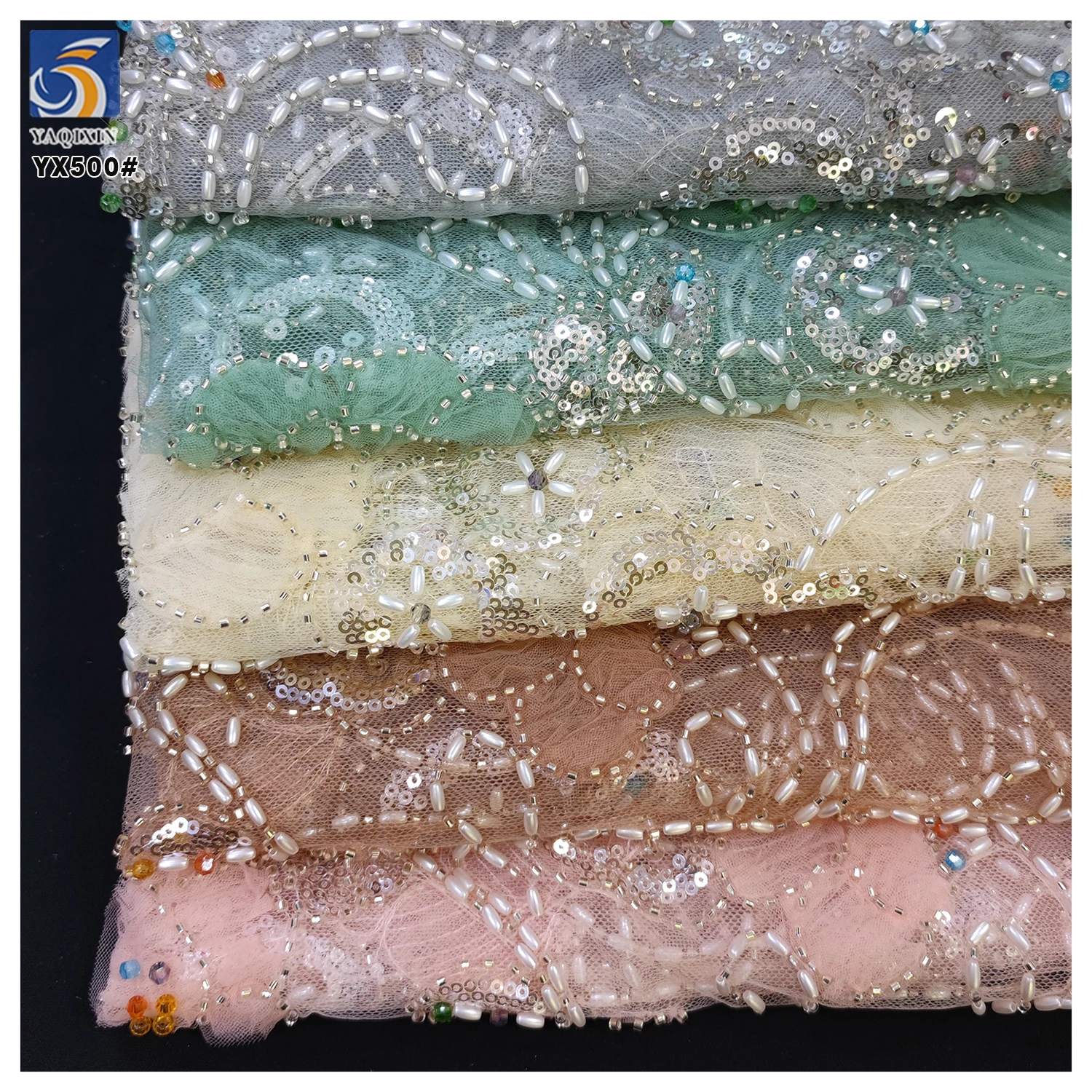 YX500 Latest Colorful Beaded Mesh Fabric 3D Polyester White Tube Beads Embroidery 3D Flower Knitting Mesh Tulle Fabric - 图片 3