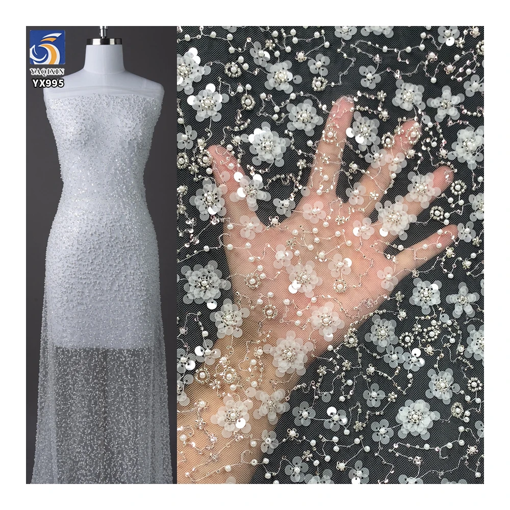 YX995-1 Ceramic White Sequins Lace Fabric High Quality French Wedding Florals Embroidery Lace Ceramic White Embroidery - 图片 2