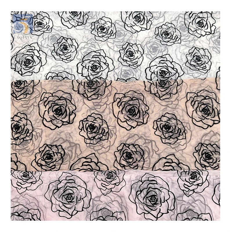 OEM China Manufacturer Custom Organza Fabric Khaki Flocked Rose Flower Pattern Organza Fabric 5 Yards - 图片 6