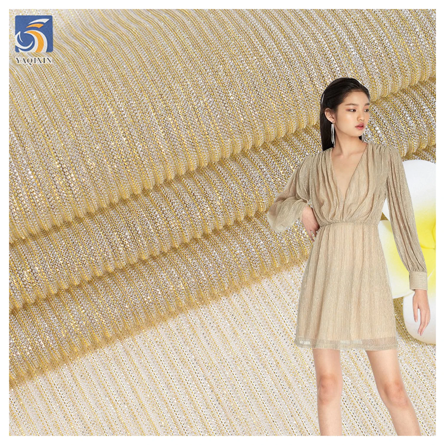 New Fashion Dance Dress Crepe Fabric 100%Polyester Knitted Strip Pleats Shiny Stretch Lurex Mesh Fabric