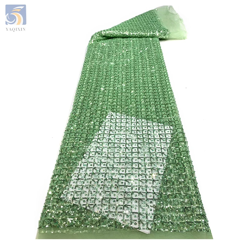 High Quality African Shiny Glitter Tassel Lace Fabric Fashion Sequin Embroidered Checkered Pattern High Quality Tulle Fabric - 图片 4