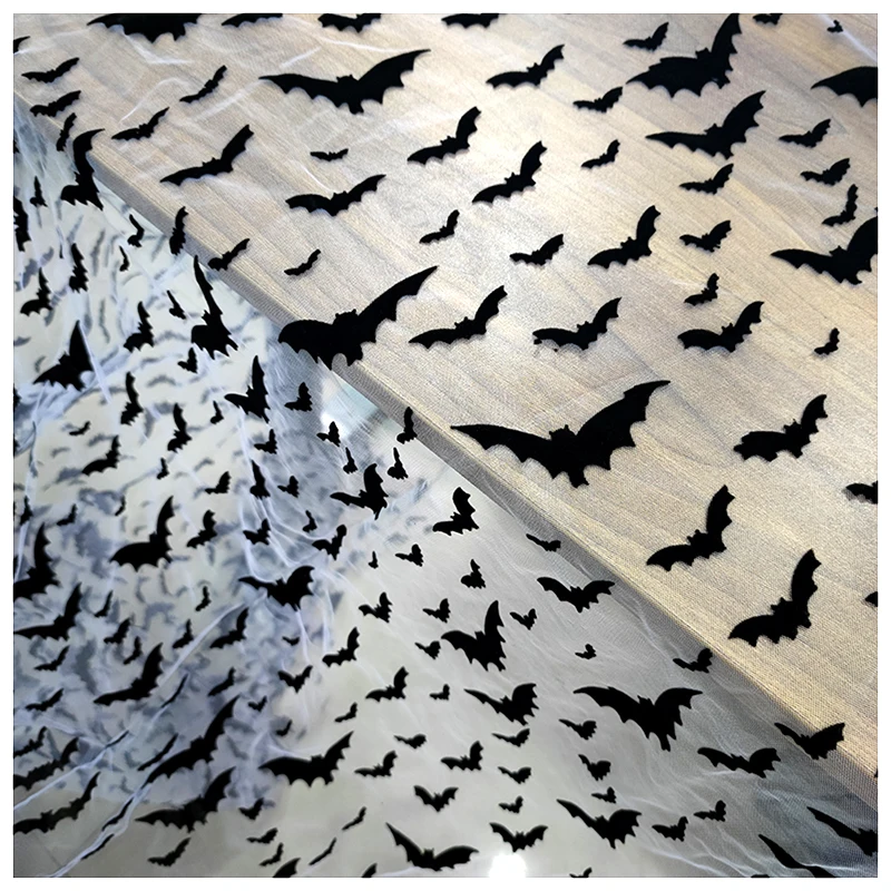 New Design Fancy Children Tulle Fabric Flocking Halloween Black Bat Mesh Fabric - 图片 3