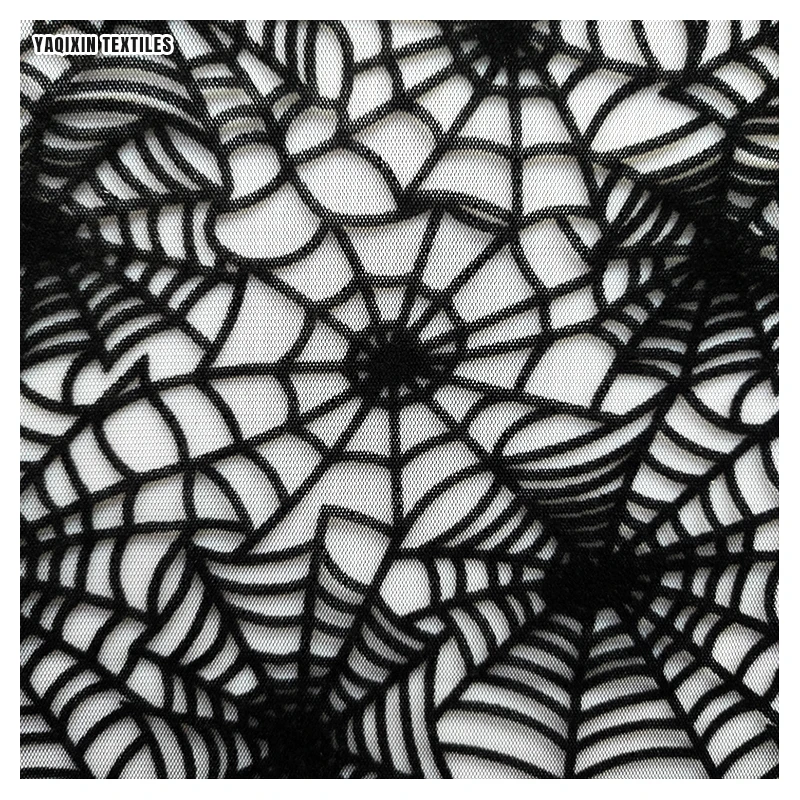 Wholesale 3D Velvet Spider Web Tulle Fabric - Black Embossed Flocked Halloween Costume Material (Custom Width)