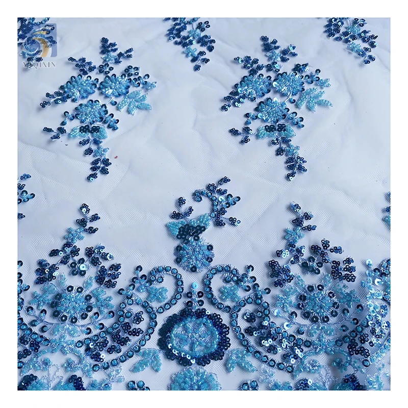 YX2583 Modern Novel Design Low Price Royal Blue Lace Fabric Bead Sequin Blue Embroidered Lace Fabric 5 Yards - 图片 5
