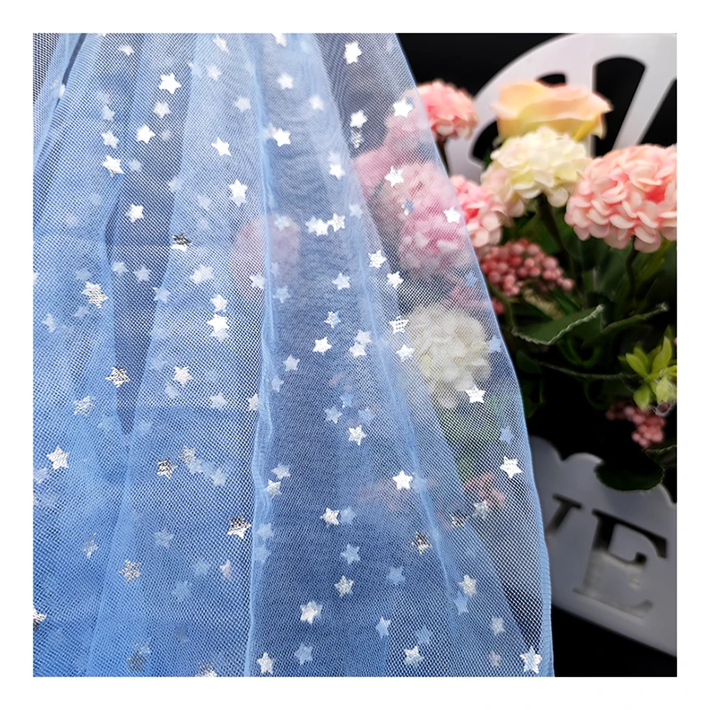 KT14 Sky Blue Soft Polyester Mesh Fabric Tulle with Silver Star Printing Tulle Netting Fabric for Girl's Dress - 图片 6