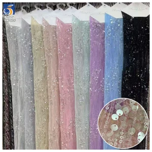 YX747 2026 New 150gsm Pleated Tulle Fabric With Transparent Sequin High-End French Fashion Dress Fabric