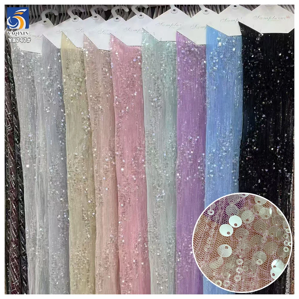 YX747 2026 New 150gsm Pleated Tulle Fabric With Transparent Sequin High-End French Fashion Dress Fabric