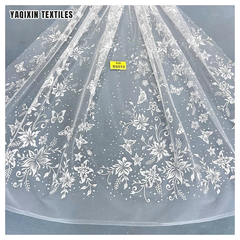 Guangzhou Manufacturer Design Custom Luxurious Pure White Wedding Laces Fabrics Polyester Tulle Bridal Glitter Lace Fabric - 图片 6