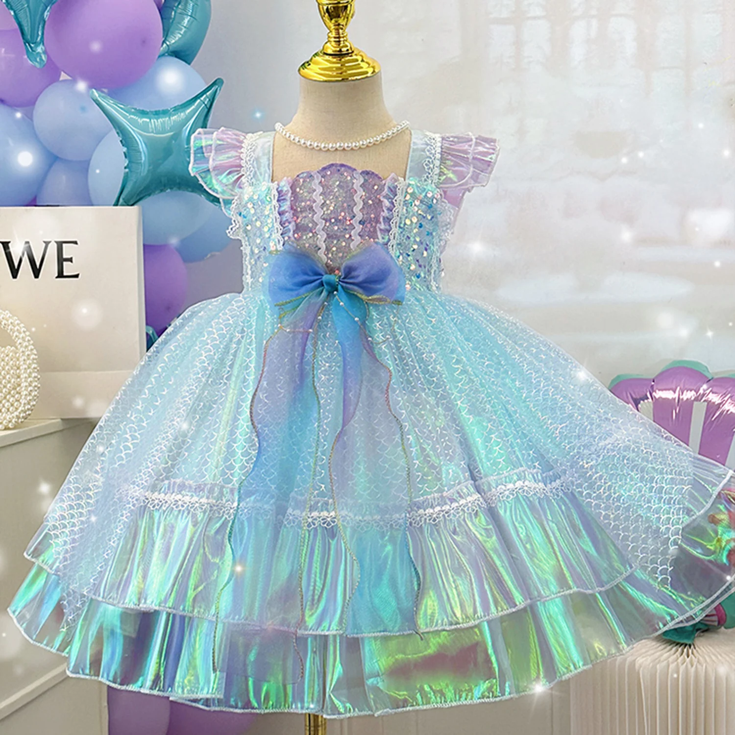 DX17 New Arrival Girls Skirt Tulle Fabric Hot Stamping Colorful Fish Scale Print Mesh Tulle Fabric for Girl Apparel-Dancewear - 图片 5