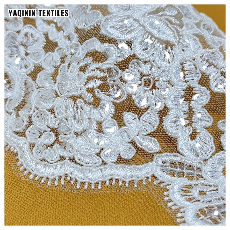 KFE004 Handmade 18cm Wide Sequin Embroidered Lace Trim White Wedding Dress Accessories Lace Trim - 图片 5