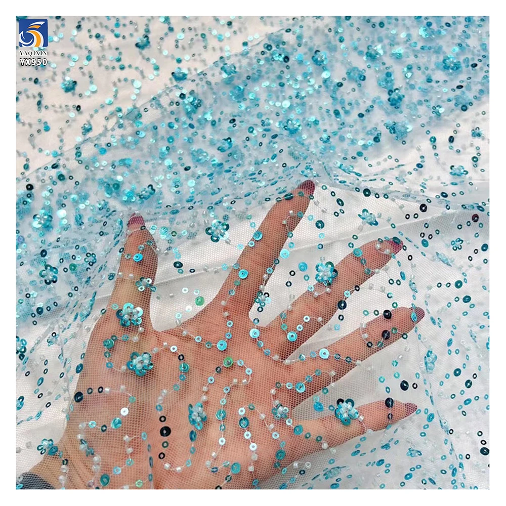 YX950 Cheap Embroidery Multicolor Sequins Beads Lace Fabric Textiles Online Wholesale Mesh Sequins Embroidered Lace Fabric - 图片 6
