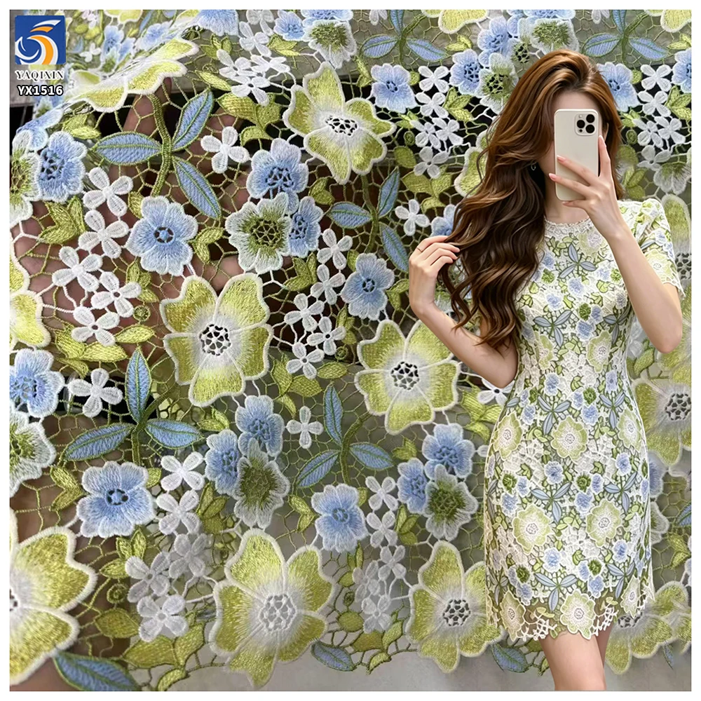 YX1516 130cm 230GSM RTS Polyester Multicolor Water Soluble Embroidery Lace Fabric Hollow Floral for Qipao Dress