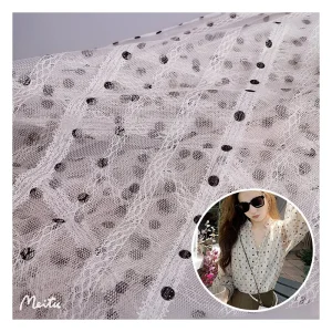 New Fashion Tulle Fabric Stripe Jacquard Mesh Fabric With Black Dotted Printed Tulle Fabric for Ladies Shirts