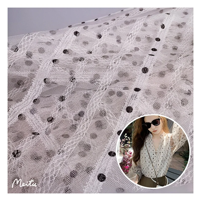 New Fashion Tulle Fabric Stripe Jacquard Mesh Fabric With Black Dotted Printed Tulle Fabric for Ladies Shirts