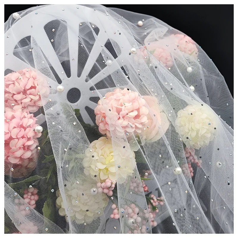 Luxurious Bead Wedding Tulle Mesh Lace Fabric with Pearl Diamond - 图片 3