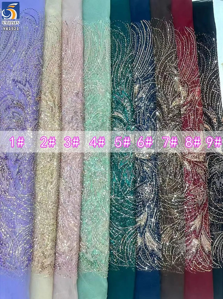 YX1521 300gsm White Bridal Mesh Fabric With Purple Gold Leaf Beaded Embroidery Lace Fabric for Couture Dress - 图片 2