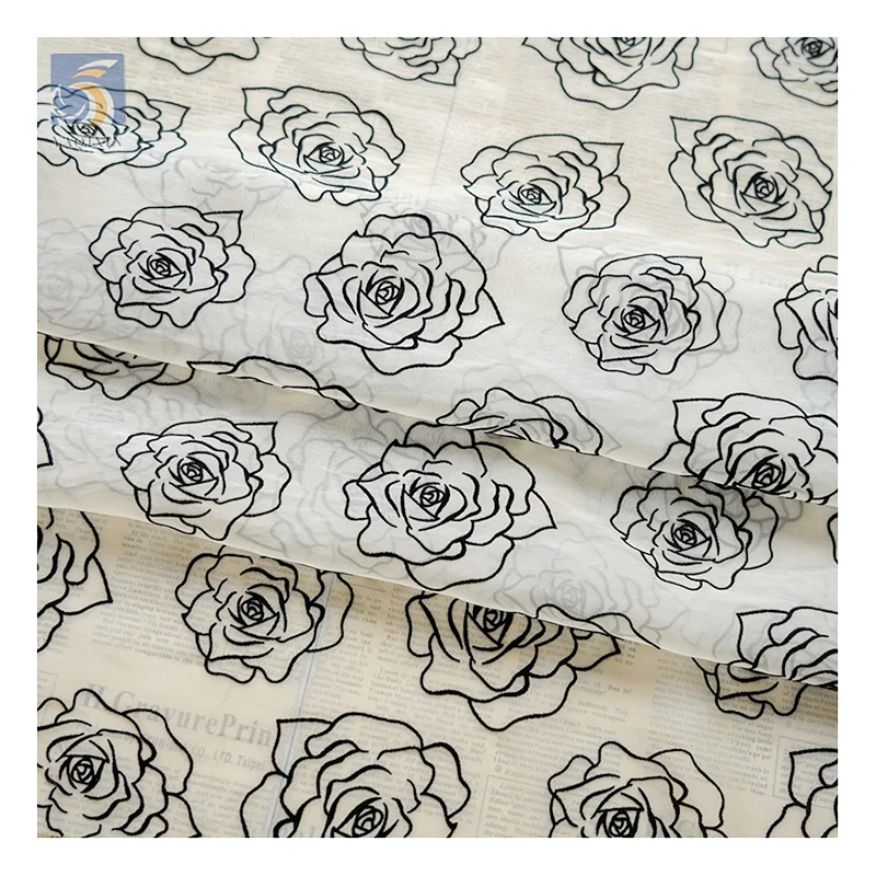 OEM China Manufacturer Custom Organza Fabric Khaki Flocked Rose Flower Pattern Organza Fabric 5 Yards - 图片 4