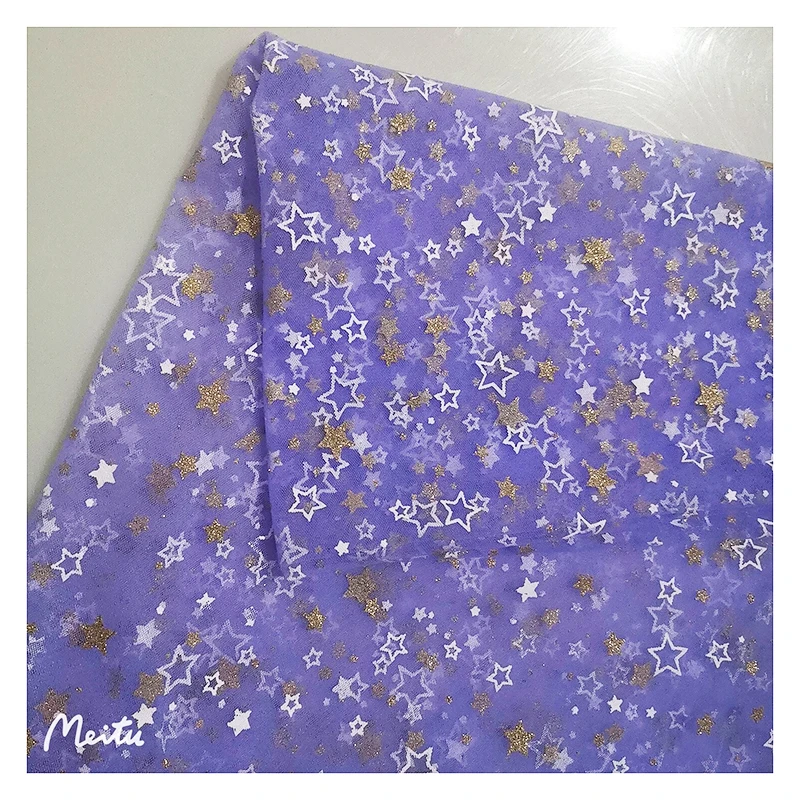SG34 Purple Soft Tulle Textile Gold Glitter Star Printed Mesh Tulle Fabric for Summer Children's Dress - 图片 4